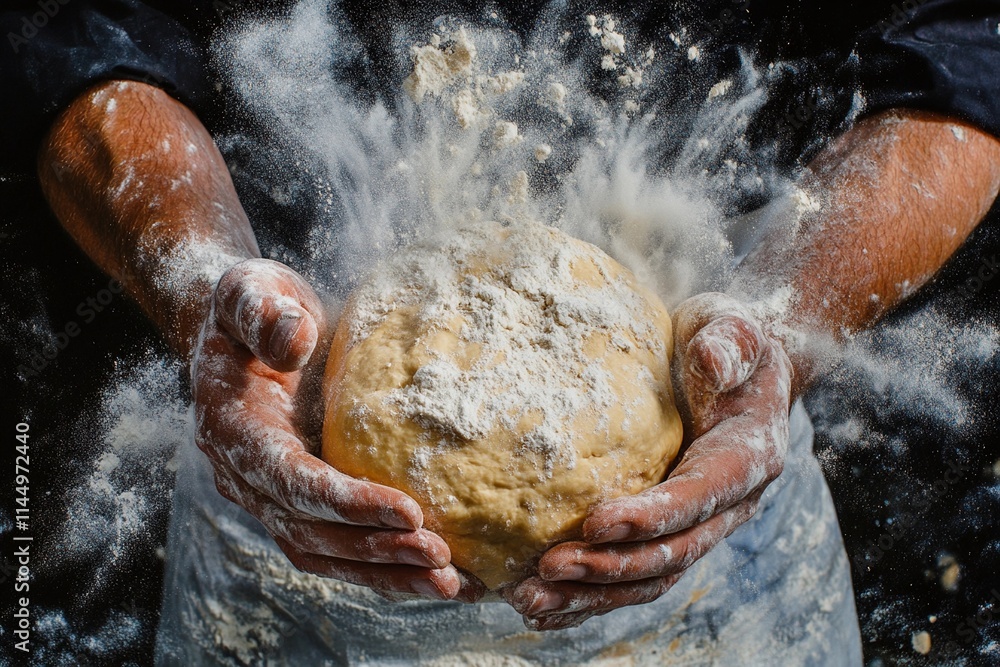 Fototapeta premium Crafting dough with passionate hands in a flurry of flour during a culinary adventure