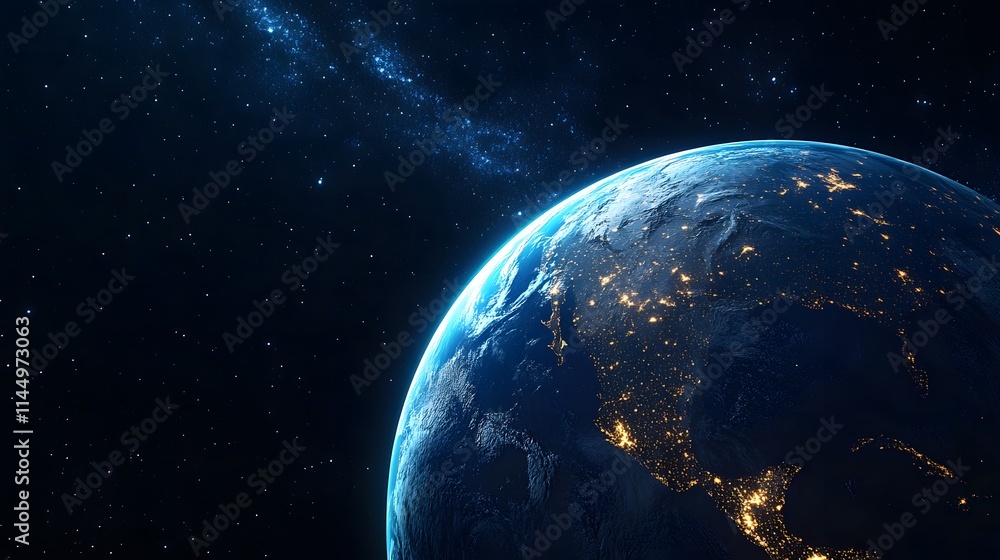 Fototapeta premium Close-Up 3D Illustration Of Earth Featuring Detailed Continents And Oceans With A Glowing Atmosphere. Set Against A Dark Starry Background, It Symbolizes Environmental Harmony, Space Exploration.