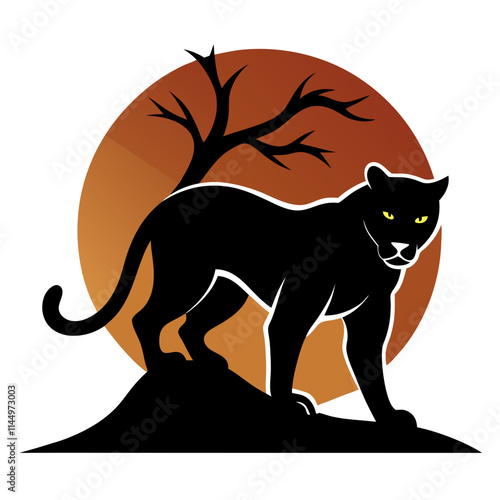 a black panther crawled down from the tree wanting to pounce, full body, dynamic gesture , good animal anatomy, silhouerre on retro vintage background vector art illustration t-shirt design art