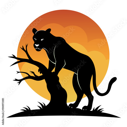 a black panther crawled down from the tree wanting to pounce, full body, dynamic gesture , good animal anatomy, silhouerre on retro vintage background vector art illustration t-shirt design art