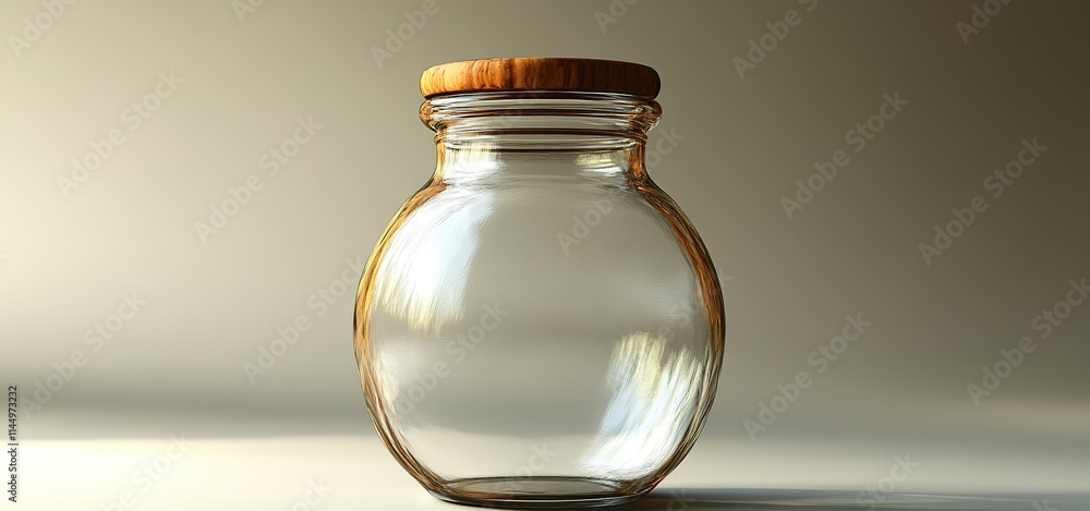 Glass jar with a wooden lid illuminated by soft light on a minimalistic background Glass jar with a wooden lid illuminated by soft light on a minimalistic background