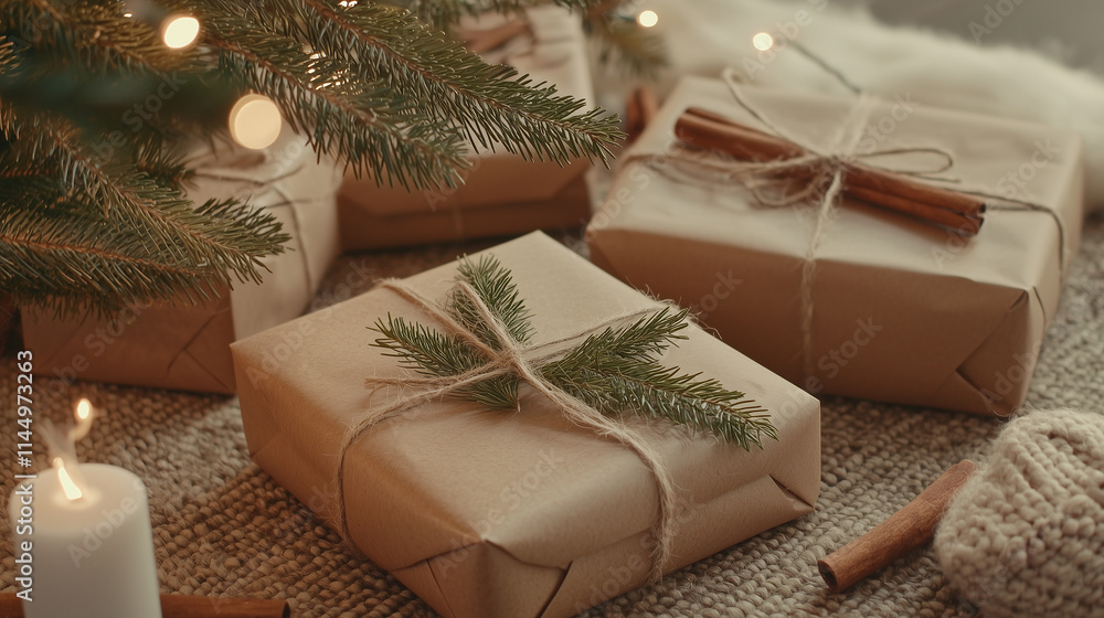 A detailed view of rustic-themed Christmas gifts wrapped in brown kraft paper, tied with twine and decorated with sprigs of pine and cinnamon sticks, resting under a tree glowing w A detailed view of rustic-themed Christmas gifts wrapped in brown kraft paper, tied with twine and decorated with sprigs of pine and cinnamon sticks, resting under a tree glowing w