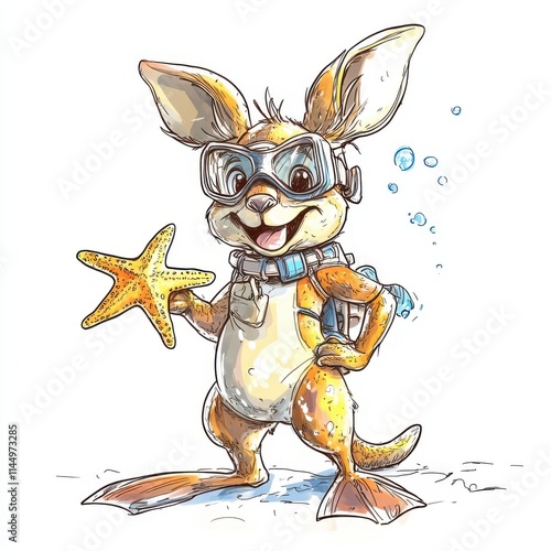 Lively kangaroo equipped with snorkeling gear and holding a starfish, set in a playful white background photo