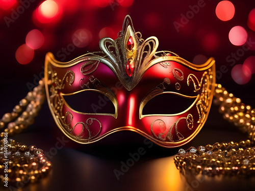 shimmering red and gold masquerade mask with glittering photo