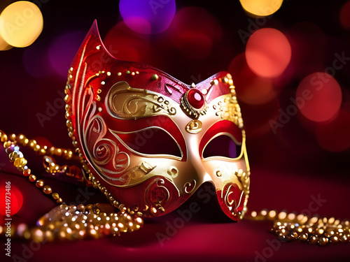 shimmering red and gold masquerade mask with glittering photo