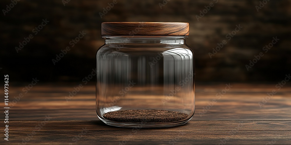 Glass jar filled with finely ground coffee on a wooden table in a cozy kitchen environment Glass jar filled with finely ground coffee on a wooden table in a cozy kitchen environment