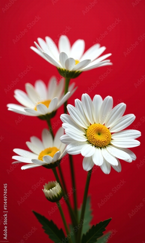 Obraz premium Vibrant red background white daisies dramatic contrast close