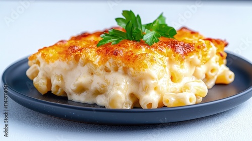 Creamy baked macaroni and cheese, golden brown crust, served on a dark plate, garnished with parsley. photo