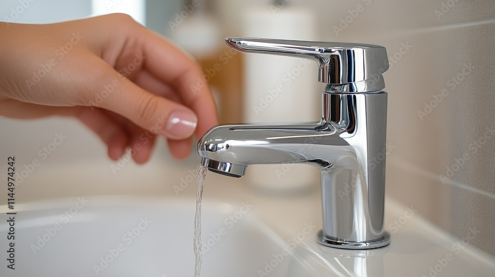 Faucet handle turns water on in the sink. Faucet handle turns water on in the sink.