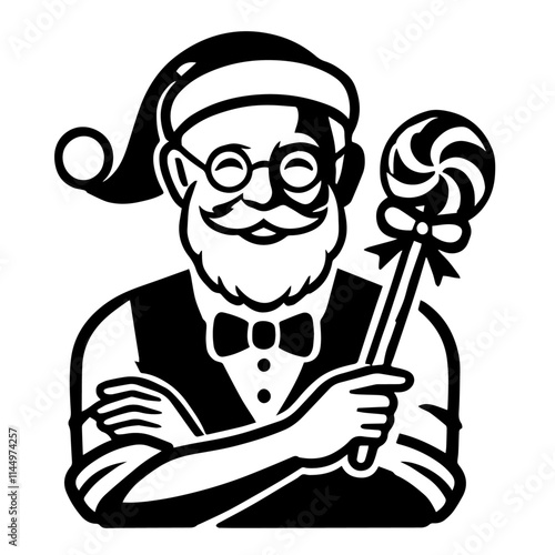 Clean black and white vector silhouette of santa on white background