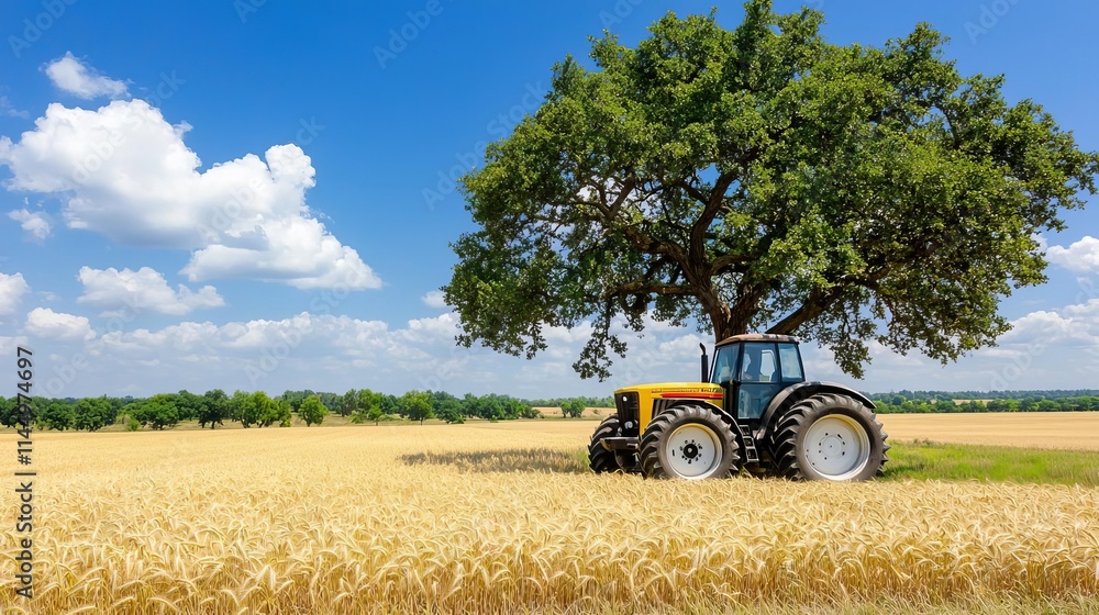 Fototapeta premium Summer rural landscape farmland warmth concept. Tractor under a tree in a golden wheat field with blue sky.