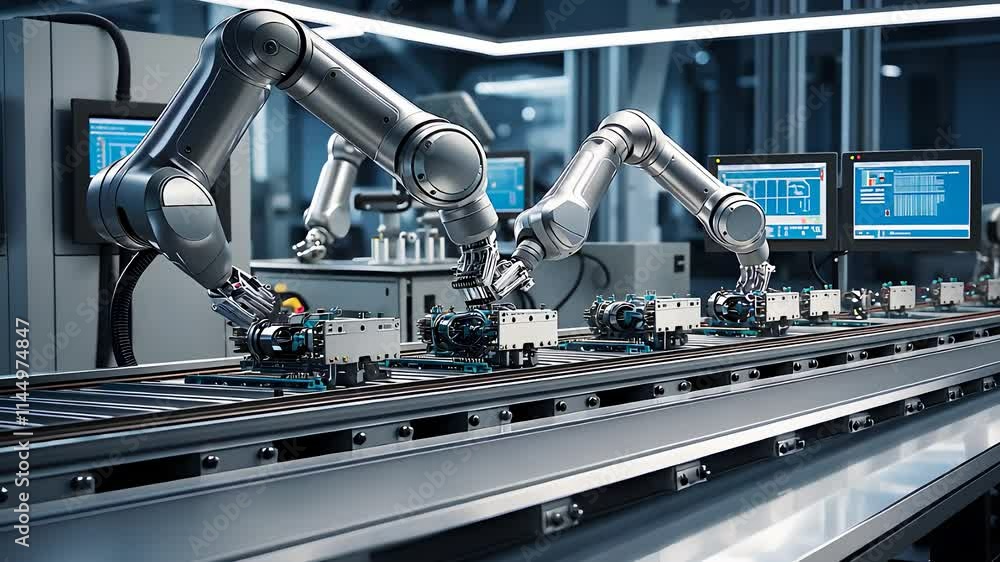 Robotic Arms on an Automated Assembly Line in a High-Tech Industrial Factory with Advanced Machinery
Robotic Arms on an Automated Assembly Line in a High-Tech Industrial Factory with Advanced Machinery