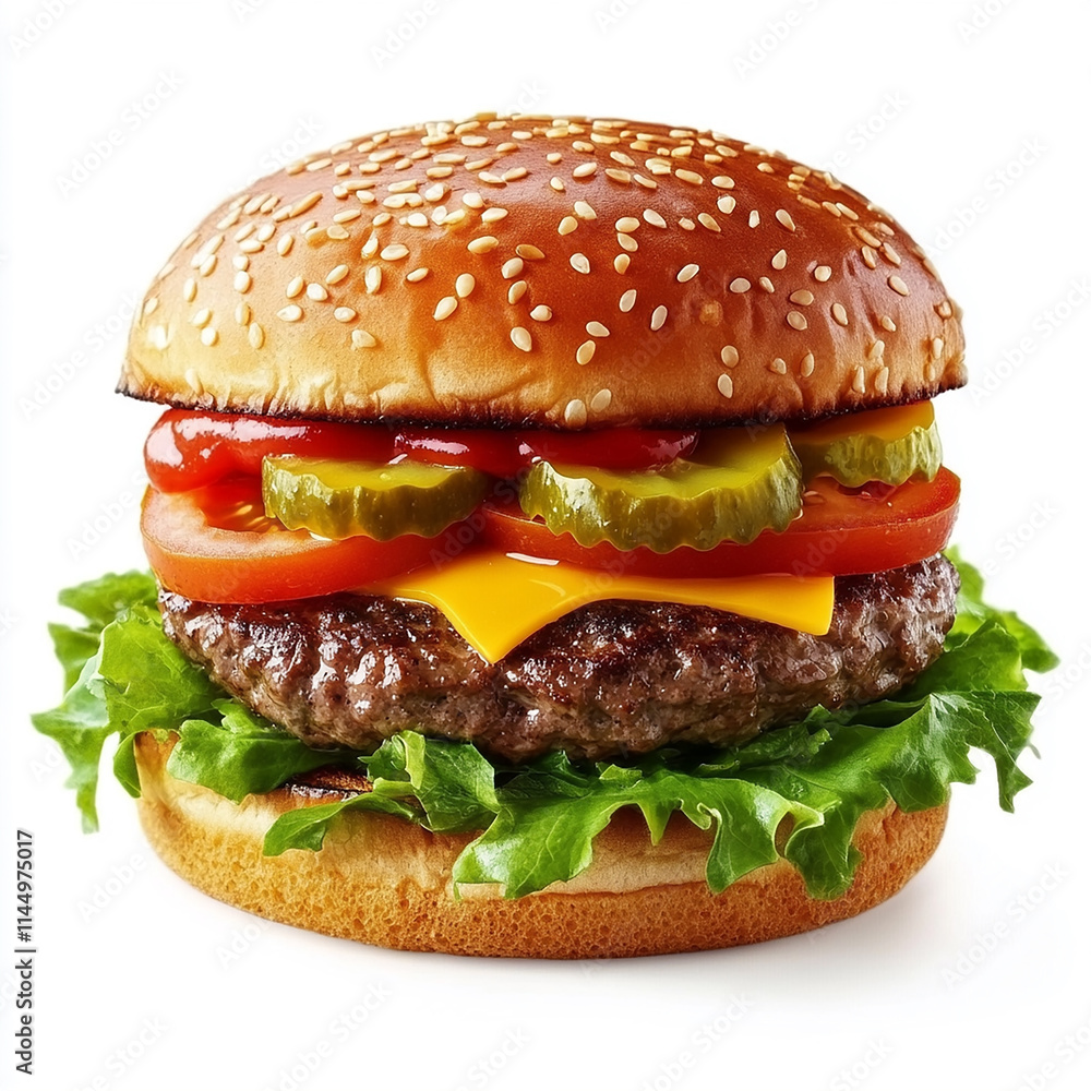 custom made wallpaper toronto digitalA vibrant cheesy burger on white showcasing fresh lettuce, tomato slices, and melted cheese perfection