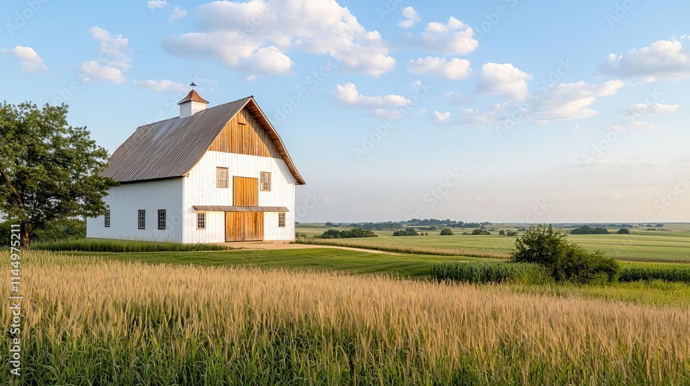Summer rural landscape farmland warmth concept. A serene farmhouse surrounded by green fields and blue skies. Summer rural landscape farmland warmth concept. A serene farmhouse surrounded by green fields and blue skies.