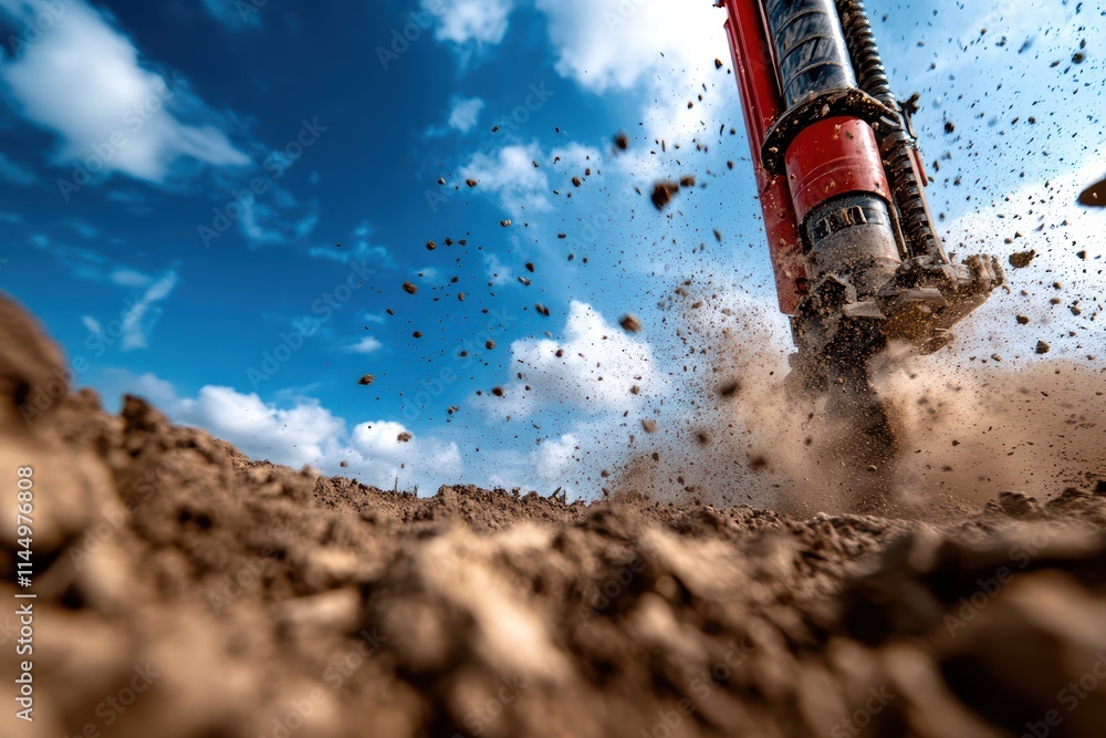 Fototapeta premium Heavy machinery drilling into earth with flying debris and dust