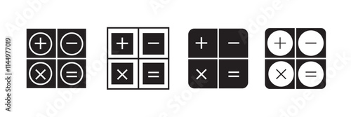 Calculator icon set. Black color outline or solid icon on white background.