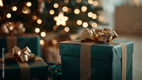 A close-up of luxurious gifts wrapped in deep emerald green paper with golden bows, glowing under a tree with a blurred background of sparkling star-shaped lights.