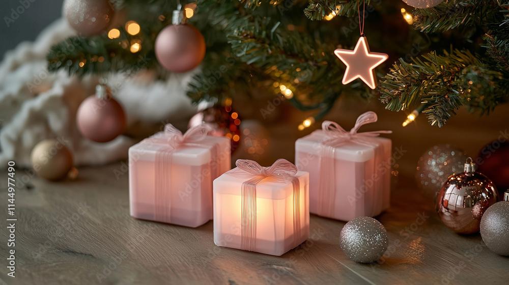 Glowing LED-lit gift boxes wrapped in translucent paper, placed under a Christmas tree with a blurred background of glittering ornaments and a star-shaped tree topper. Glowing LED-lit gift boxes wrapped in translucent paper, placed under a Christmas tree with a blurred background of glittering ornaments and a star-shaped tree topper.