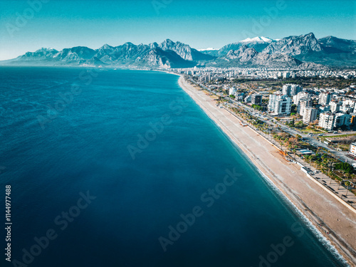 Cinematic Aerial view of Konyaalti beach in Antalya and public park