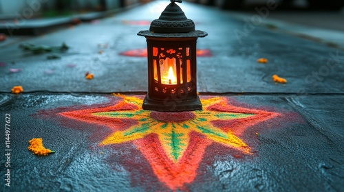 A decorative metal lantern with a lit candle sits atop a colorful rangoli design made with powdered pigments on a dark surface celebrating Diwali. photo