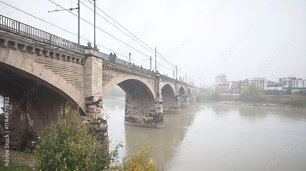 Fototapeta premium A foggy view of a stone bridge over a river with buildings in the background.