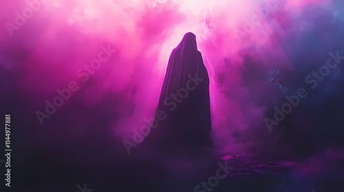 Silhouette of a cloaked figure standing in a surreal, pink and purple ethereal light, suggesting mystery and fantasy. Etherean. Illustration