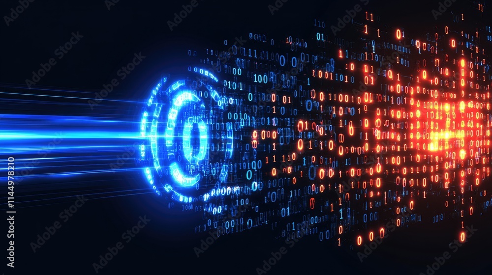Futuristic digital data stream with glowing binary code and circular element.