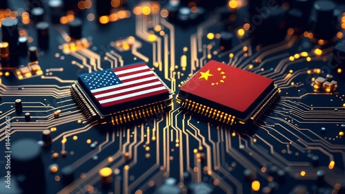 Two computer chips with the flags of the United States and China on them, placed on a circuit board, conflict between china and USA created with generative ai