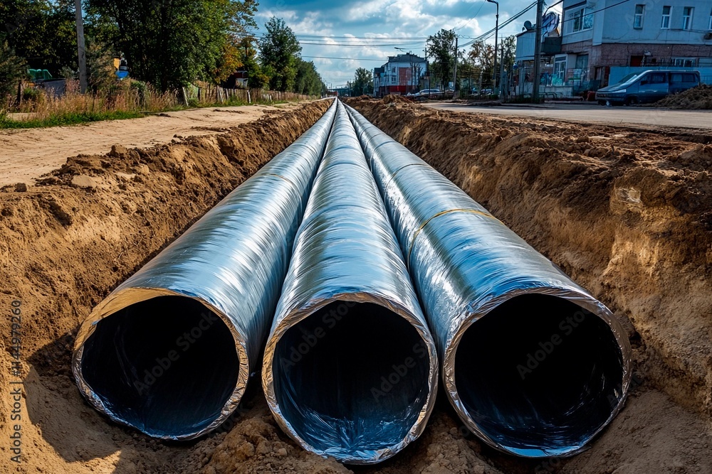 Long pipes awaiting installation in a construction site during a sunny afternoon Long pipes awaiting installation in a construction site during a sunny afternoon