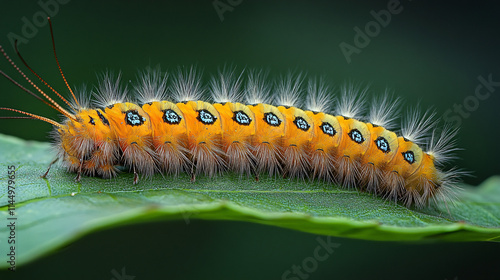 Macro Close-Up of a Colorful Caterpillar with Orange and Black Patterns, Covered in Fine Hair-Like Structures on a Natural Surface photo