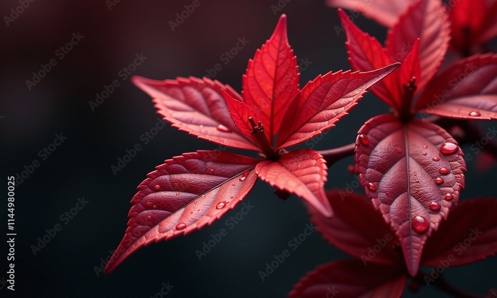 Deep red leaves water droplets macro photography dark Deep red leaves water droplets macro photography dark
