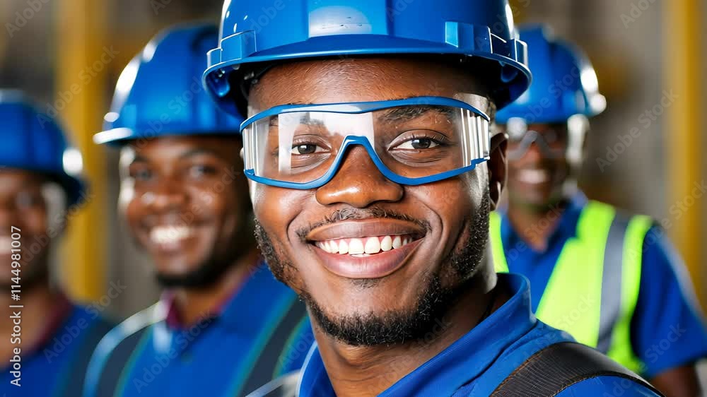 A group of construction workers wearing blue helmets and safety glasses smiles confidently to the camera A group of construction workers wearing blue helmets and safety glasses smiles confidently to the camera