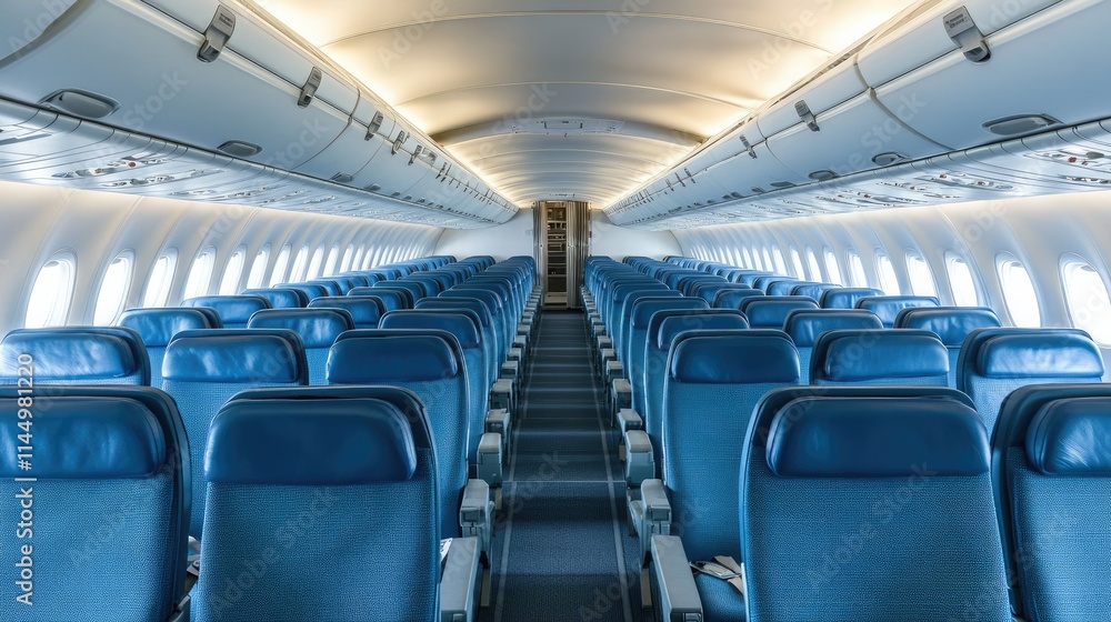 Fototapeta premium Modern airline cabin with all seats unoccupied, creating a serene and clean atmosphere
