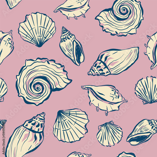 Vector seashell seamless pattern. Hand-drawn oysters and shells isolated on pink background. Tasty food for design, print, fabric, interior or background.