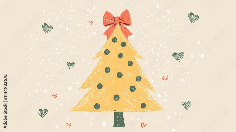 A whimsical illustration of a yellow Christmas tree adorned with polka dots and a bow, surrounded by hearts and snowflakes. A whimsical illustration of a yellow Christmas tree adorned with polka dots and a bow, surrounded by hearts and snowflakes.