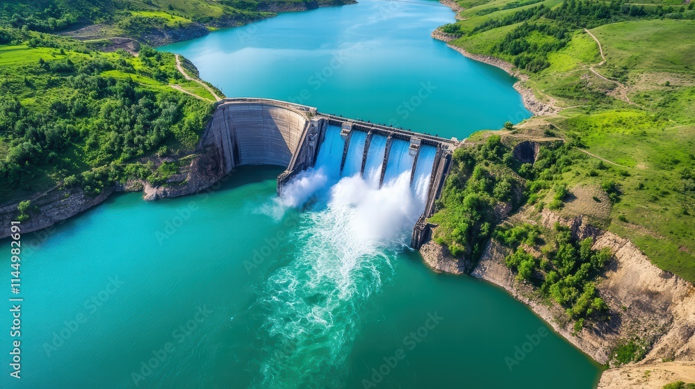 Captivating Aerial View of Dam with Flowing Water and Scenic Landscape Captivating Aerial View of Dam with Flowing Water and Scenic Landscape
