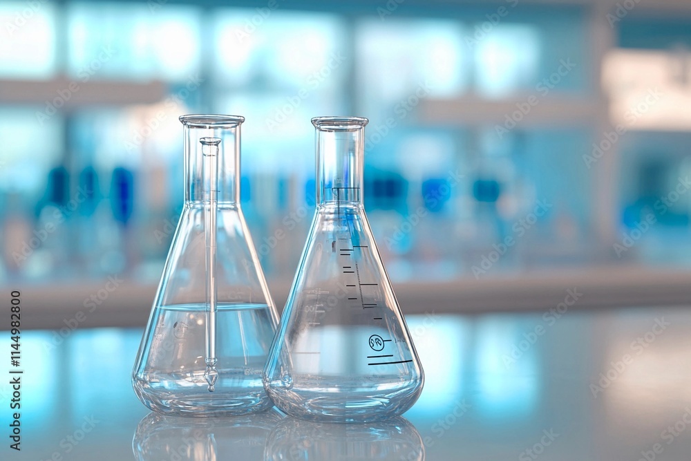 Clear glass beakers filled with water on a laboratory bench under soft blue lighting Clear glass beakers filled with water on a laboratory bench under soft blue lighting