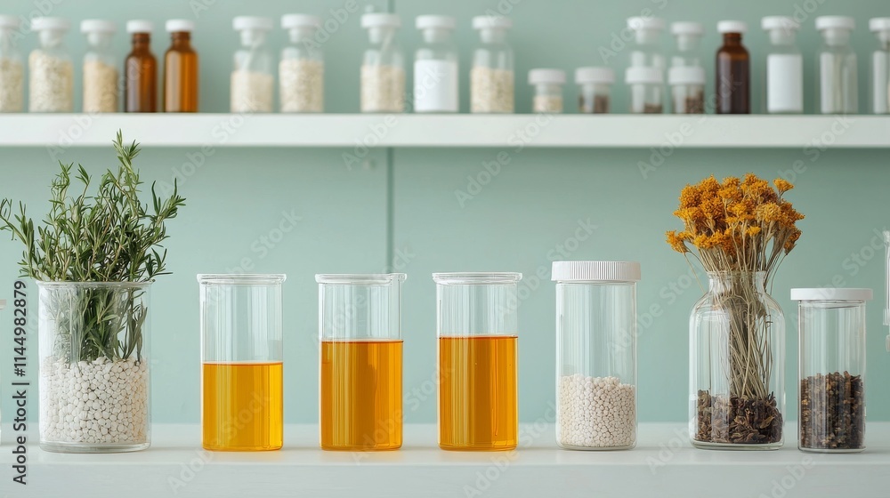 A modern laboratory scene featuring various glass containers with colorful liquids and herbs, set against a minimalist backdrop. A modern laboratory scene featuring various glass containers with colorful liquids and herbs, set against a minimalist backdrop.