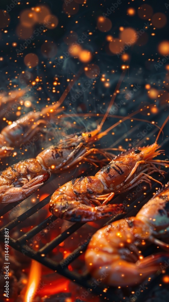 Delectable grilled lobster and shrimp sizzling over open flames set against a backdrop of a starry night sky with a captivating bokeh effect Delectable grilled lobster and shrimp sizzling over open flames set against a backdrop of a starry night sky with a captivating bokeh effect