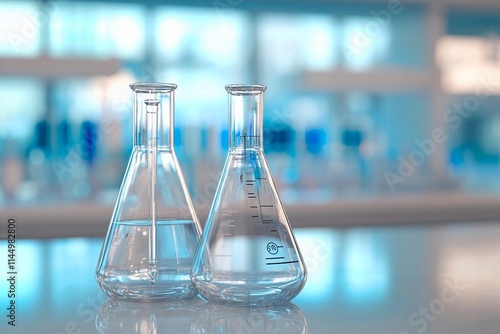 Clear glass beakers filled with water on a laboratory bench under soft blue lighting