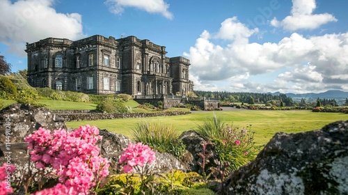 A grand historical mansion surrounded by lush greenery and colorful flowers.