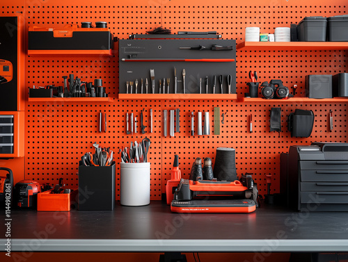 Modern Workshop with Orange Pegboard and Organized Tools photo