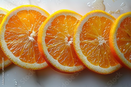 A row of oranges with the top one cut off photo