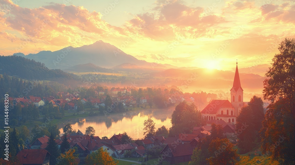Naklejka premium Sunrise over tranquil village by lake and mountains.