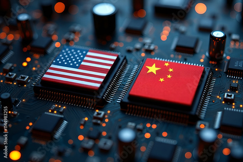 Two computer chips with the flags of the United States and China on them, placed on a circuit board, conflict between china and USA created with generative ai photo