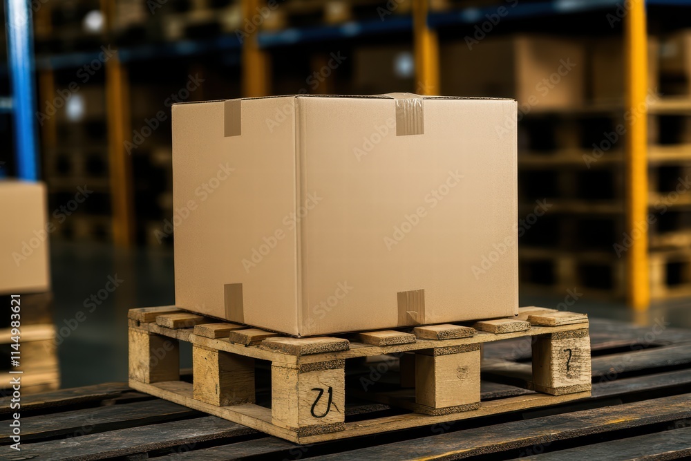 Brown cardboard box on wooden pallet in warehouse environment Brown cardboard box on wooden pallet in warehouse environment