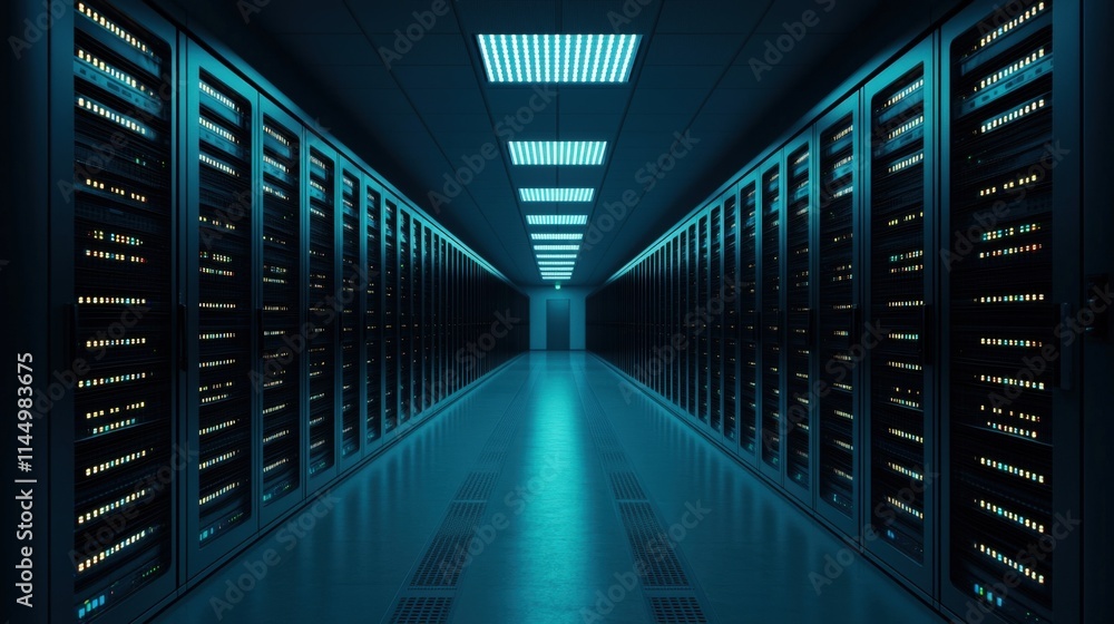 Ethernet network and efficiency concept, A dimly lit server room with rows of servers, illuminated by blue lights, creating a high-tech and futuristic atmosphere. Ethernet network and efficiency concept, A dimly lit server room with rows of servers, illuminated by blue lights, creating a high-tech and futuristic atmosphere.