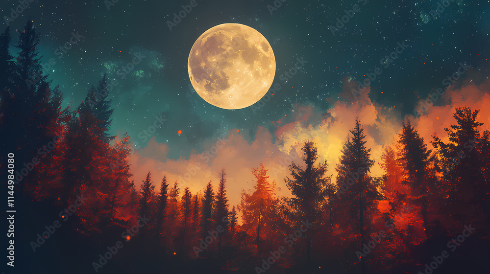 Fototapeta premium Majestic full moon above an autumn forest landscape, with vibrant colors, creating an ethereal atmosphere under the night sky. Etherean. Illustration