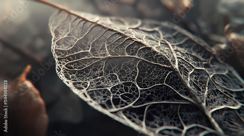 Macro view of a delicate lace like leaf skeleton the intricate ethereal structure highlighting the fragile beauty of nature. Etherean. Illustration