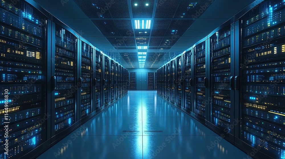 Illuminated server room interior with rows of data storage racks. Illuminated server room interior with rows of data storage racks.